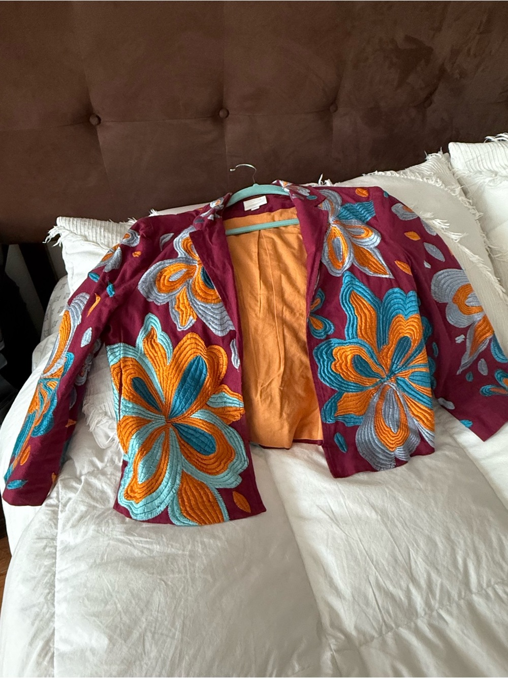 Anthropologie Floral Embroidered Blazer - Burgundy with Teal & Orange